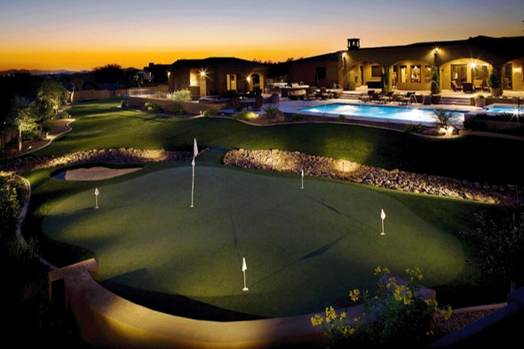 Southwest Greens Charlotte artificial golf green with sand trap at luxury home